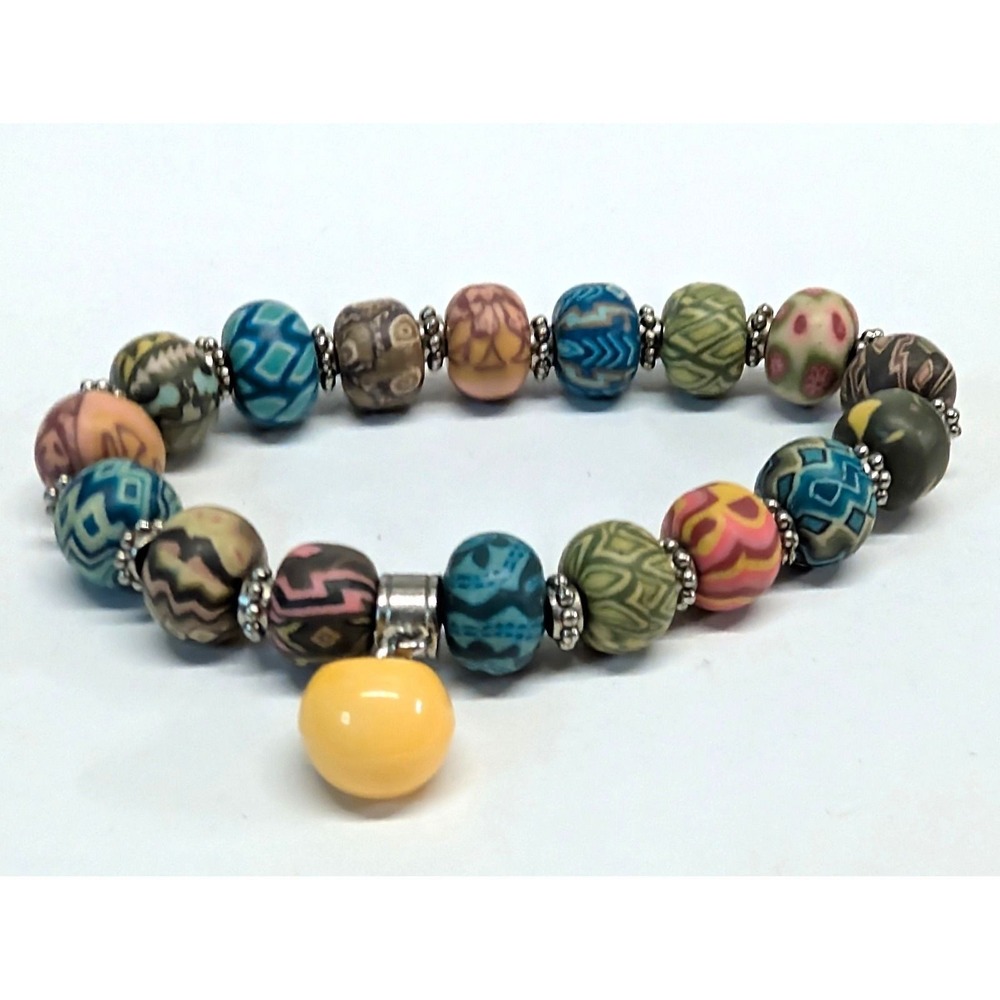 Millefiori Polymer Clay Bead Bracelet Multicolor Handmade Stretch Silver Tone